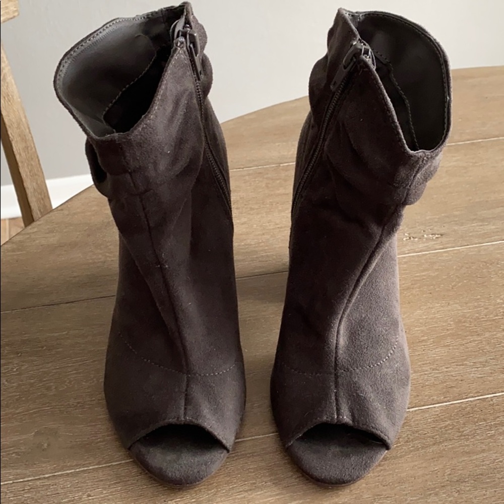 Gray suede open toe booties
